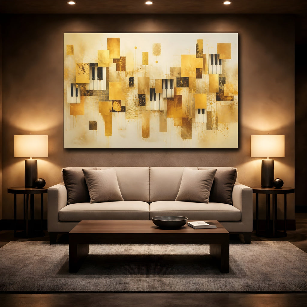 Mockup 2. Abstract Piano Keys Gold And Black shown as stretched canvas wall art