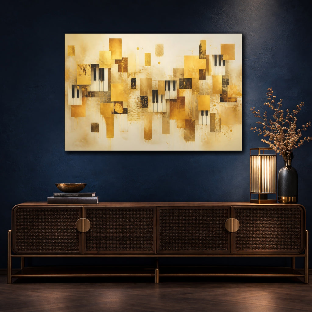 Mockup 4. Abstract Piano Keys Gold And Black shown as stretched canvas wall art