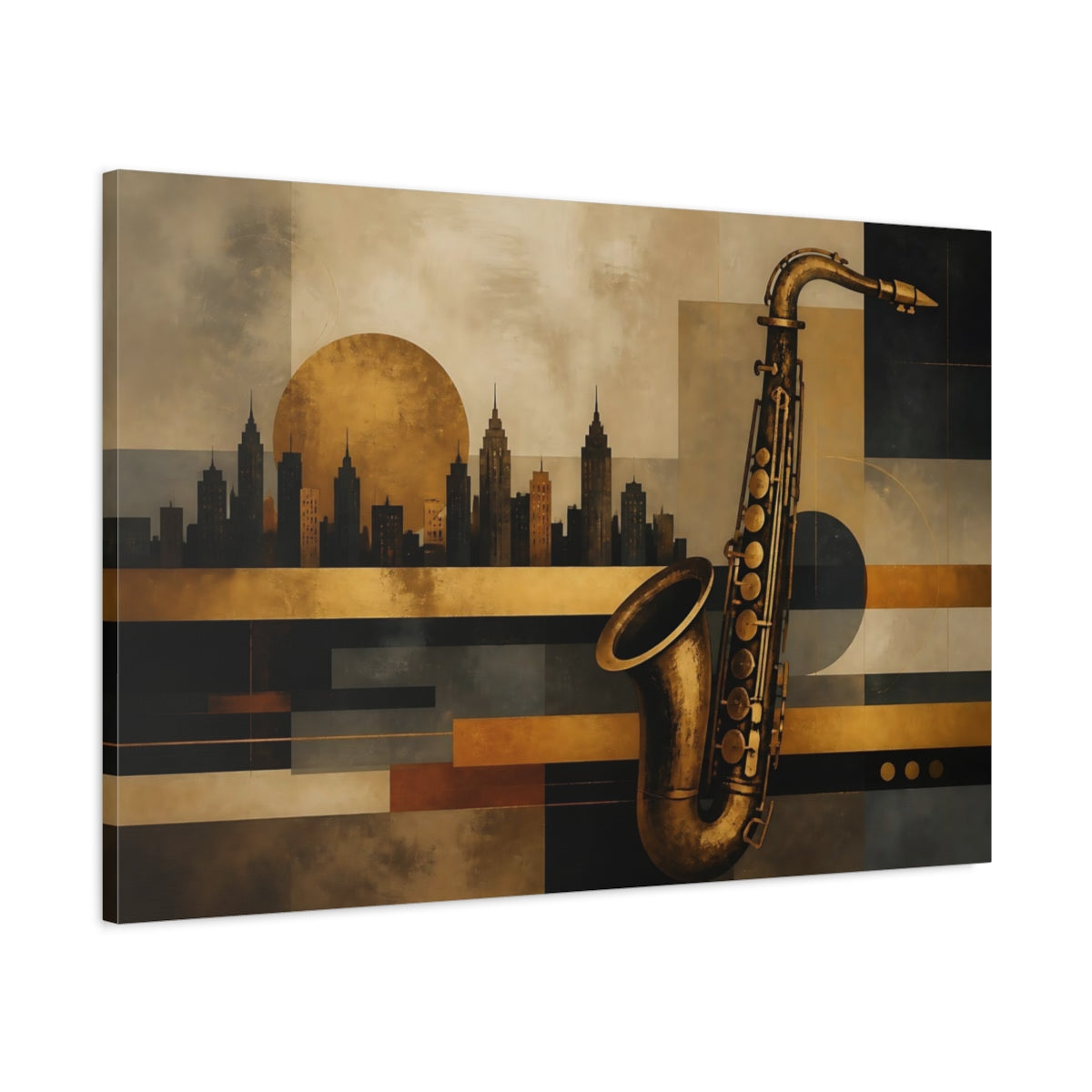 Main Mockup. Abstract Saxophone Gold And Black shown as stretched canvas wall art