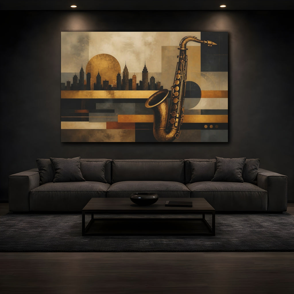 Mockup 3. Abstract Saxophone Gold And Black shown as stretched canvas wall art