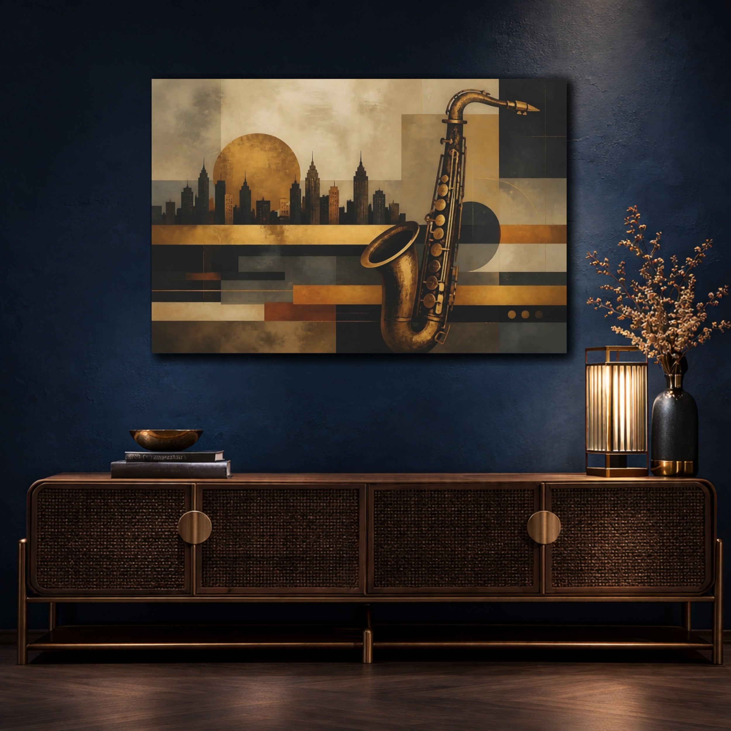 Mockup 4. Abstract Saxophone Gold And Black shown as stretched canvas wall art