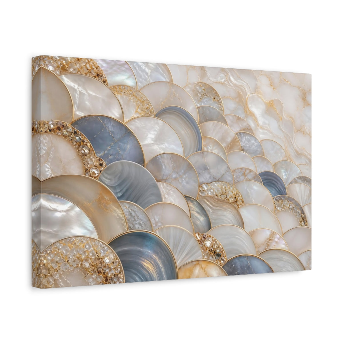 Side Mockup 4. Abstract Scallop Pattern Mother Of Pearl Gold shown as stretched canvas wall art