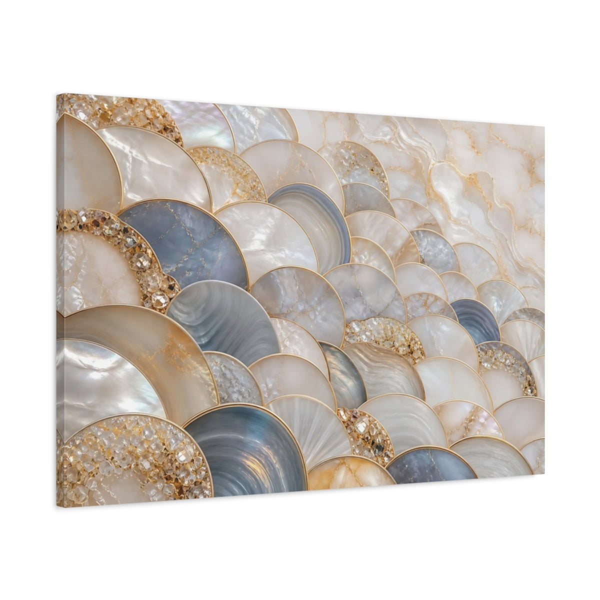 Main Mockup. Abstract Scallop Pattern Mother Of Pearl Gold shown as stretched canvas wall art