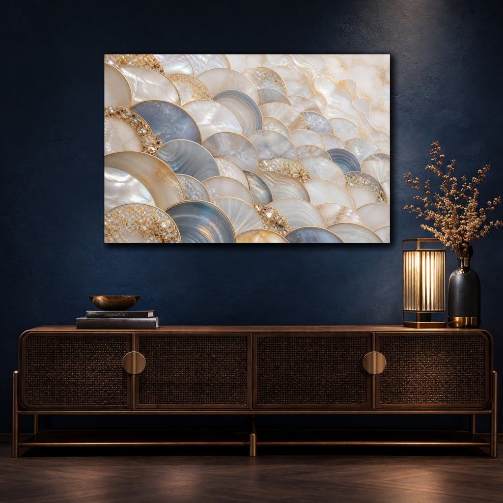 Mockup 4. Abstract Scallop Pattern Mother Of Pearl Gold shown as stretched canvas wall art