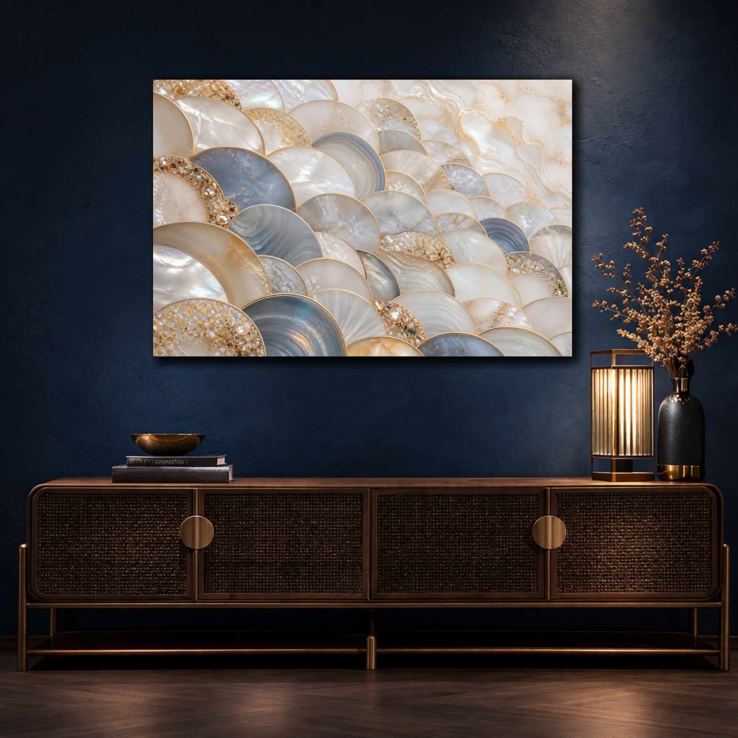 Mockup 4. Abstract Scallop Pattern Mother Of Pearl Gold shown as stretched canvas wall art