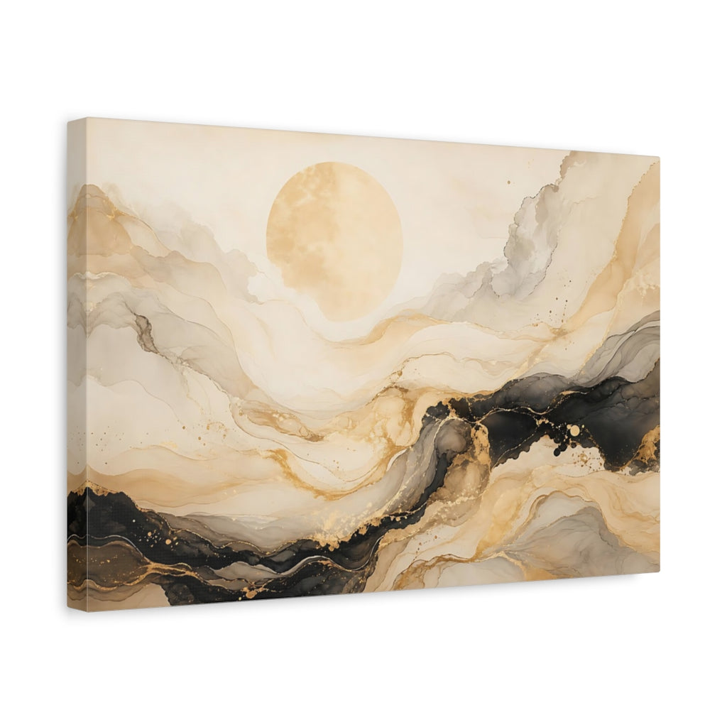 Side Mockup 4. Abstract Abstract Sun Gold And Black shown as stretched canvas wall art
