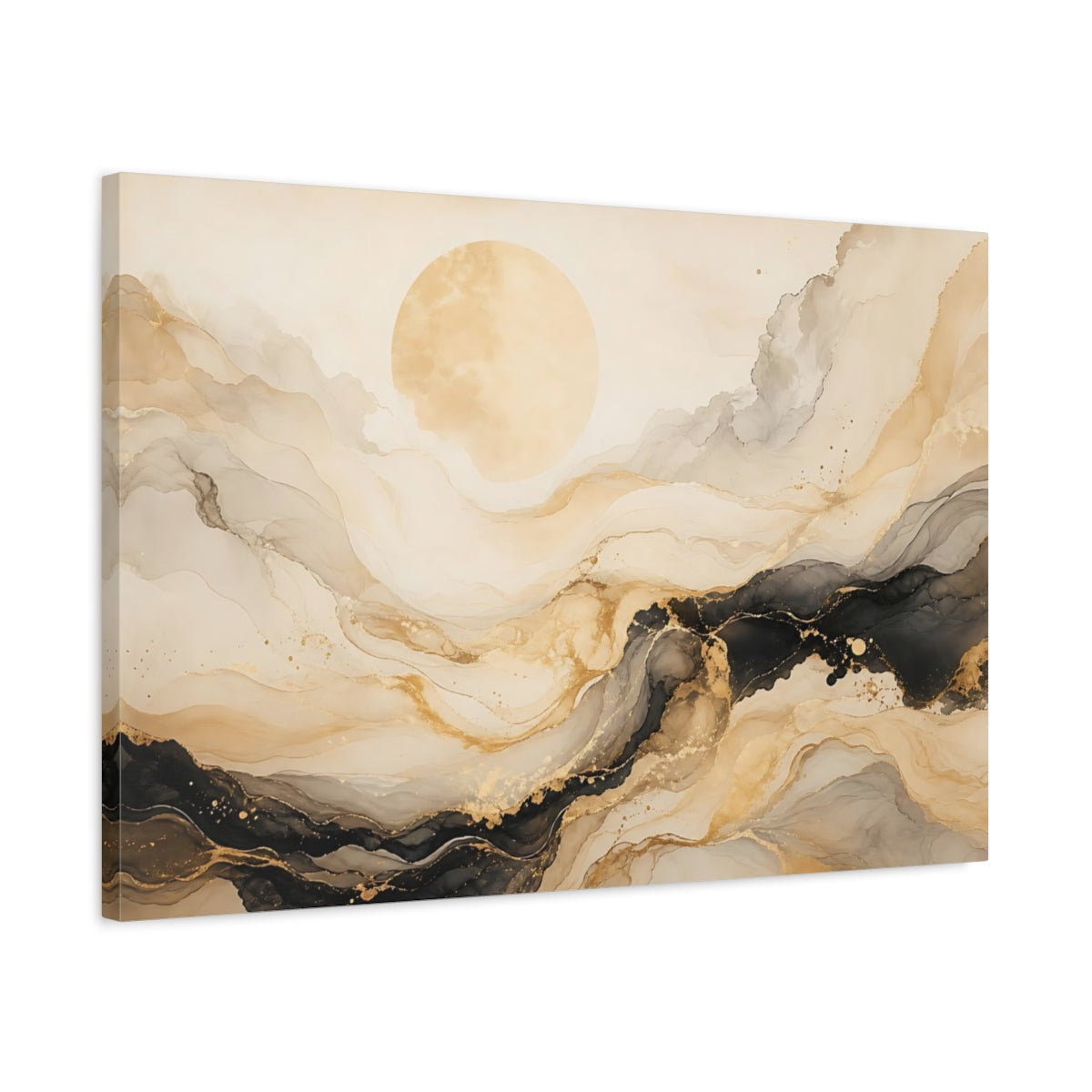 Side Mockup 2. Abstract Abstract Sun Gold And Black shown as stretched canvas wall art