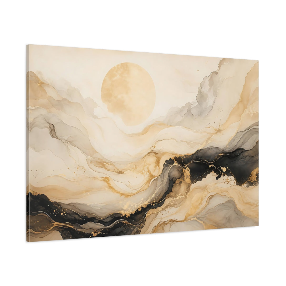 Side Mockup 1. Abstract Abstract Sun Gold And Black shown as stretched canvas wall art