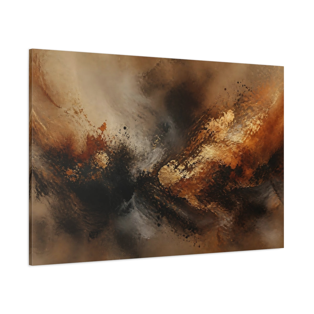 Side Mockup 1. Abstract Abstract Swirl Gold Black Brown shown as stretched canvas wall art