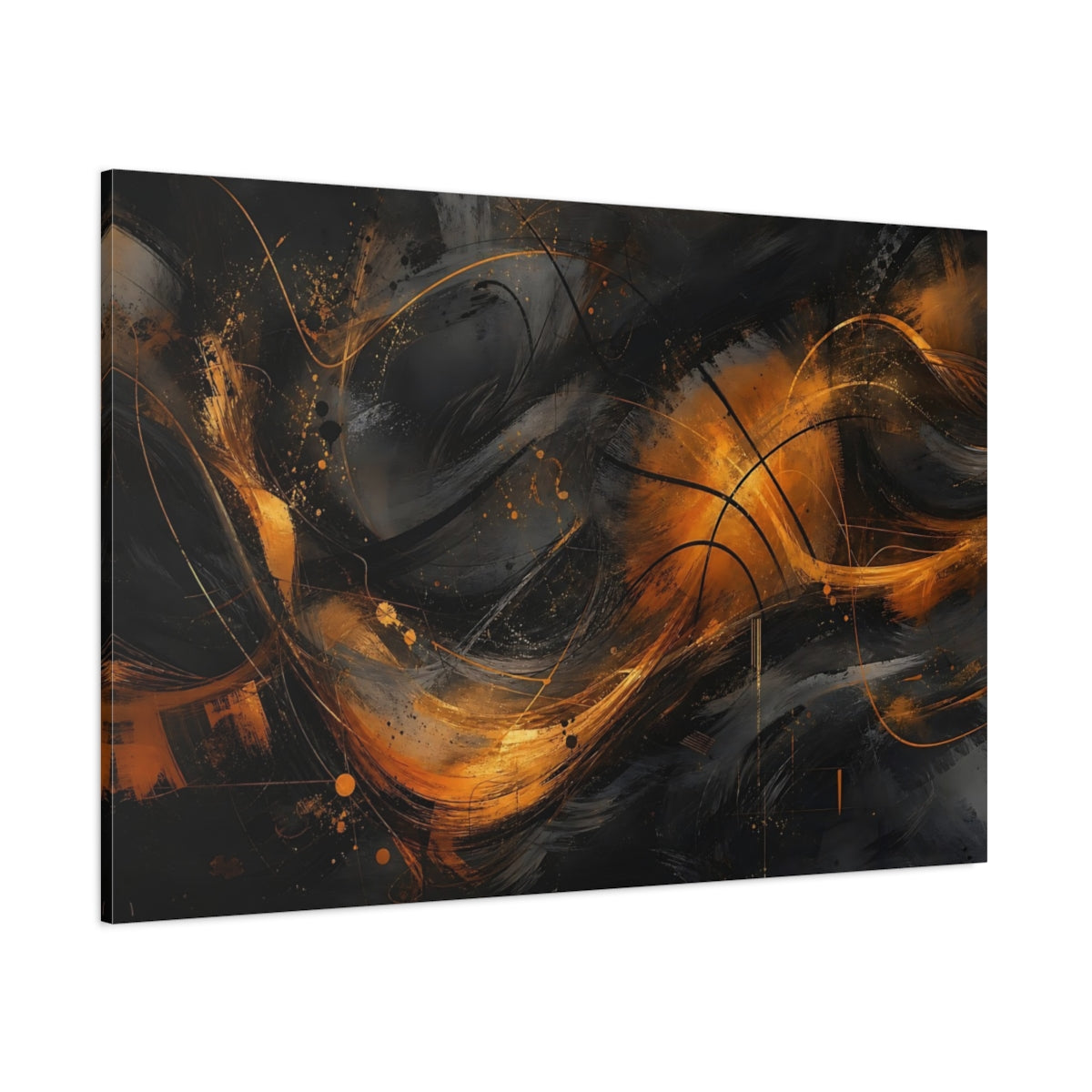 Side Mockup 1. Abstract Abstract Swirls Black And Gold Abstract shown as stretched canvas wall art