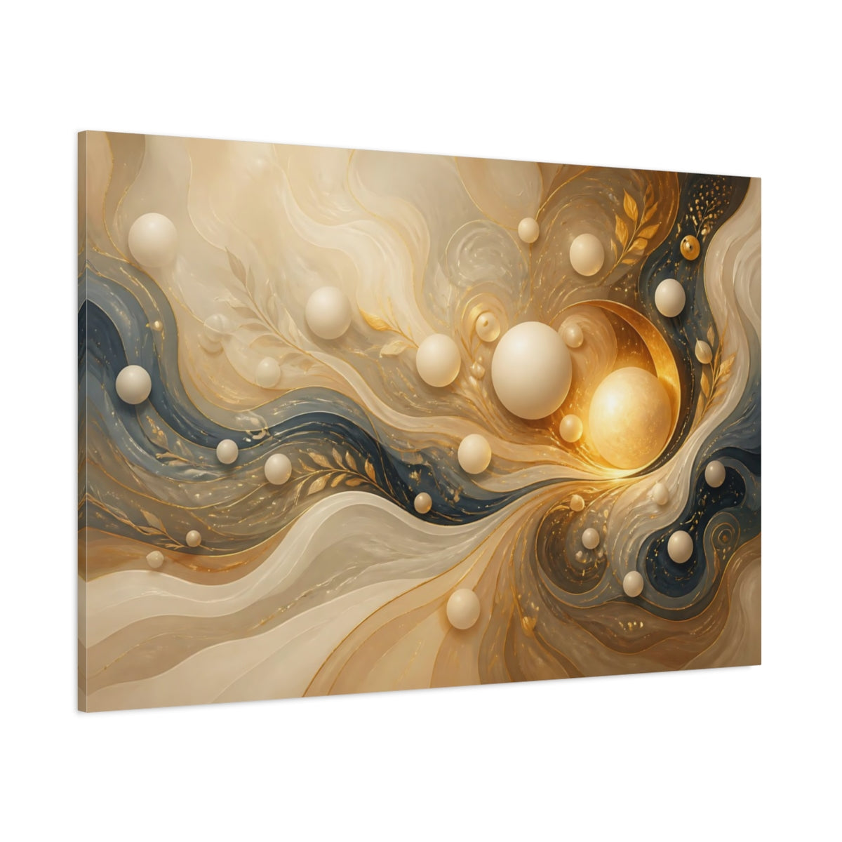 Side Mockup 1. Abstract Abstract Swirls Gold And Blue shown as stretched canvas wall art