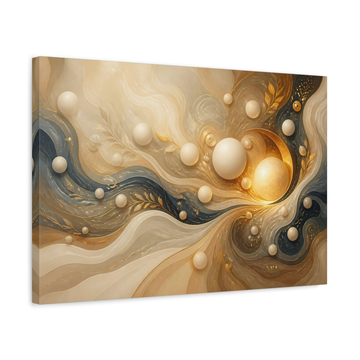Side Mockup 3. Abstract Abstract Swirls Gold And Blue shown as stretched canvas wall art