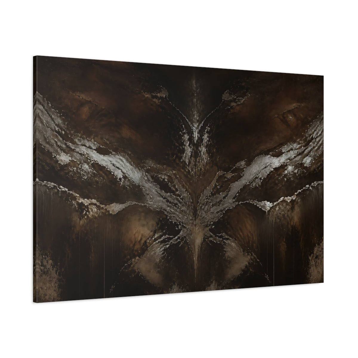 Side Mockup 1. Abstract Abstract Texture Dark Brown Silver shown as stretched canvas wall art