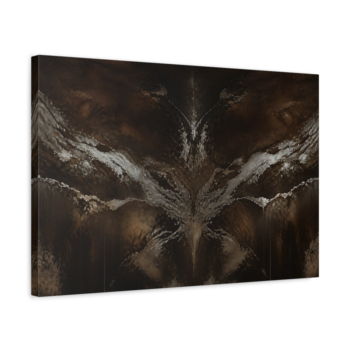 Side Mockup 3. Abstract Abstract Texture Dark Brown Silver shown as stretched canvas wall art