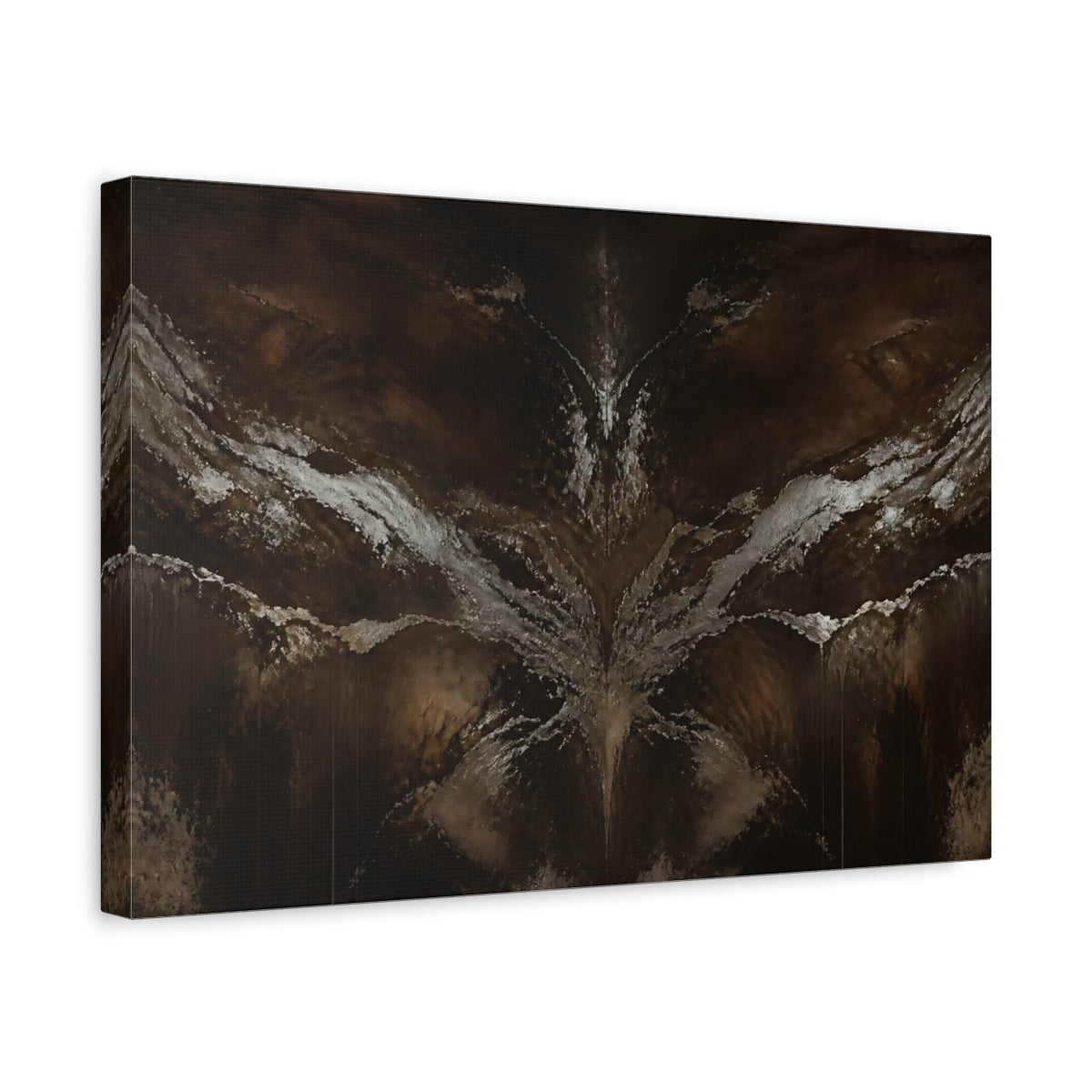 Side Mockup 4. Abstract Abstract Texture Dark Brown Silver shown as stretched canvas wall art