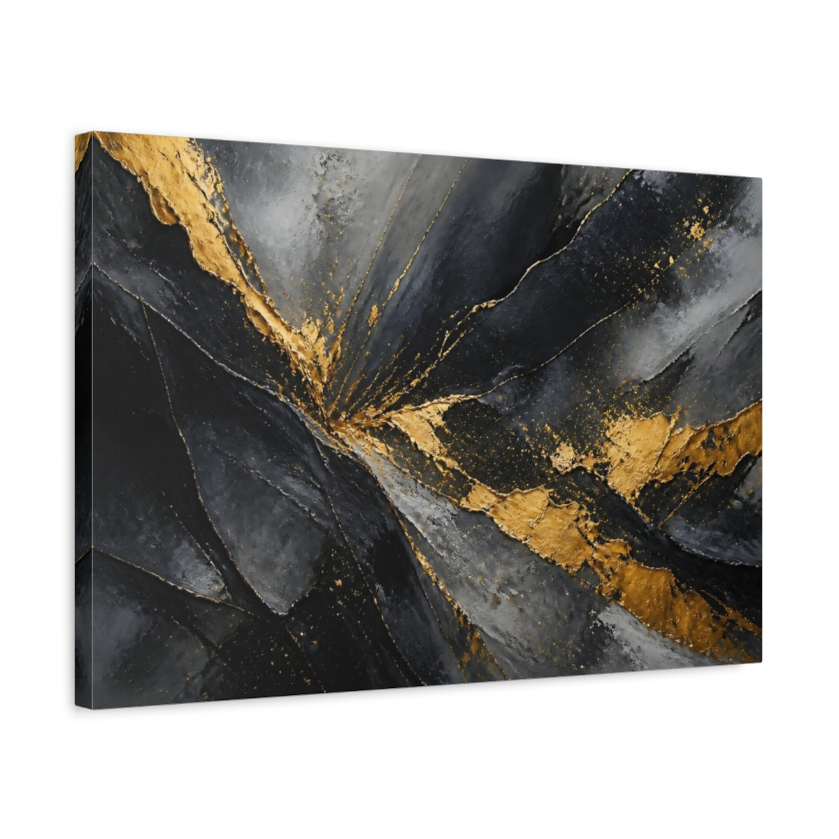 Side Mockup 3. Abstract Textured Gold Black And Gold Abstract shown as stretched canvas wall art