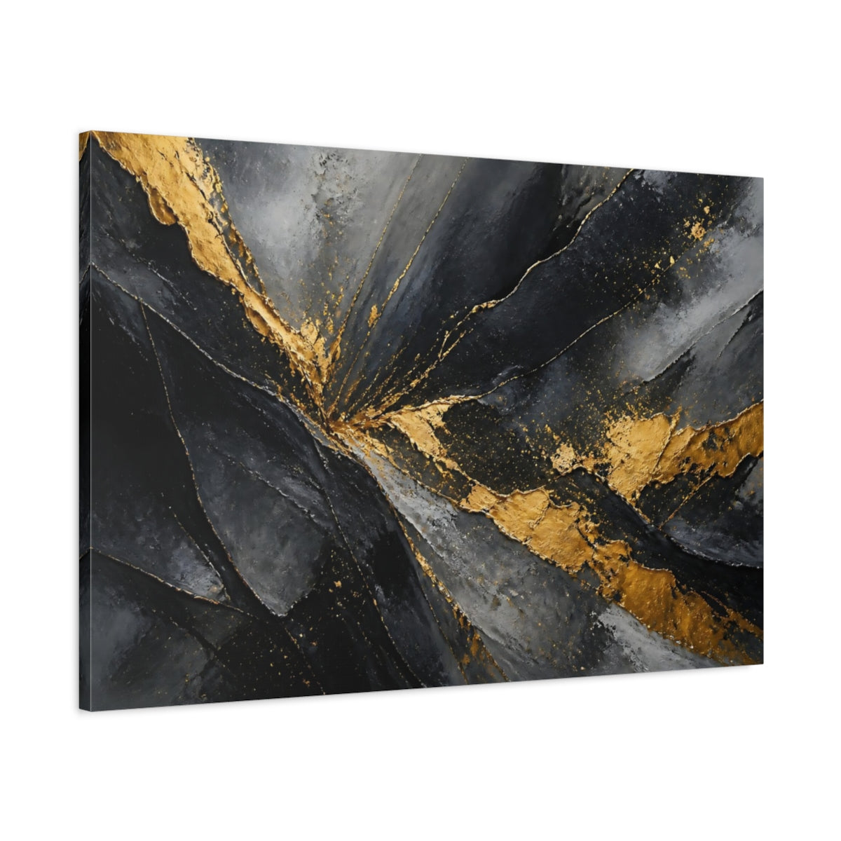 Main Mockup. Abstract Textured Gold Black And Gold Abstract shown as stretched canvas wall art