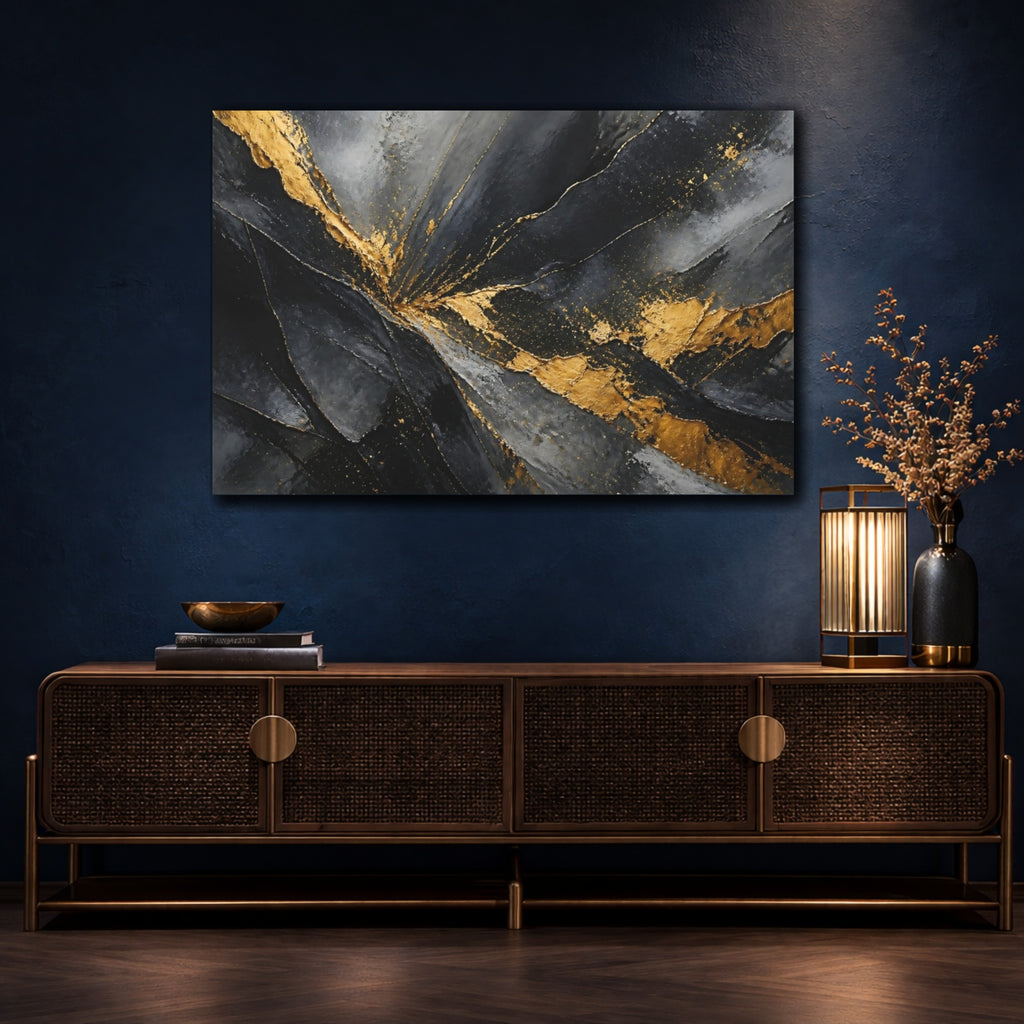 Mockup 4. Abstract Textured Gold Black And Gold Abstract shown as stretched canvas wall art