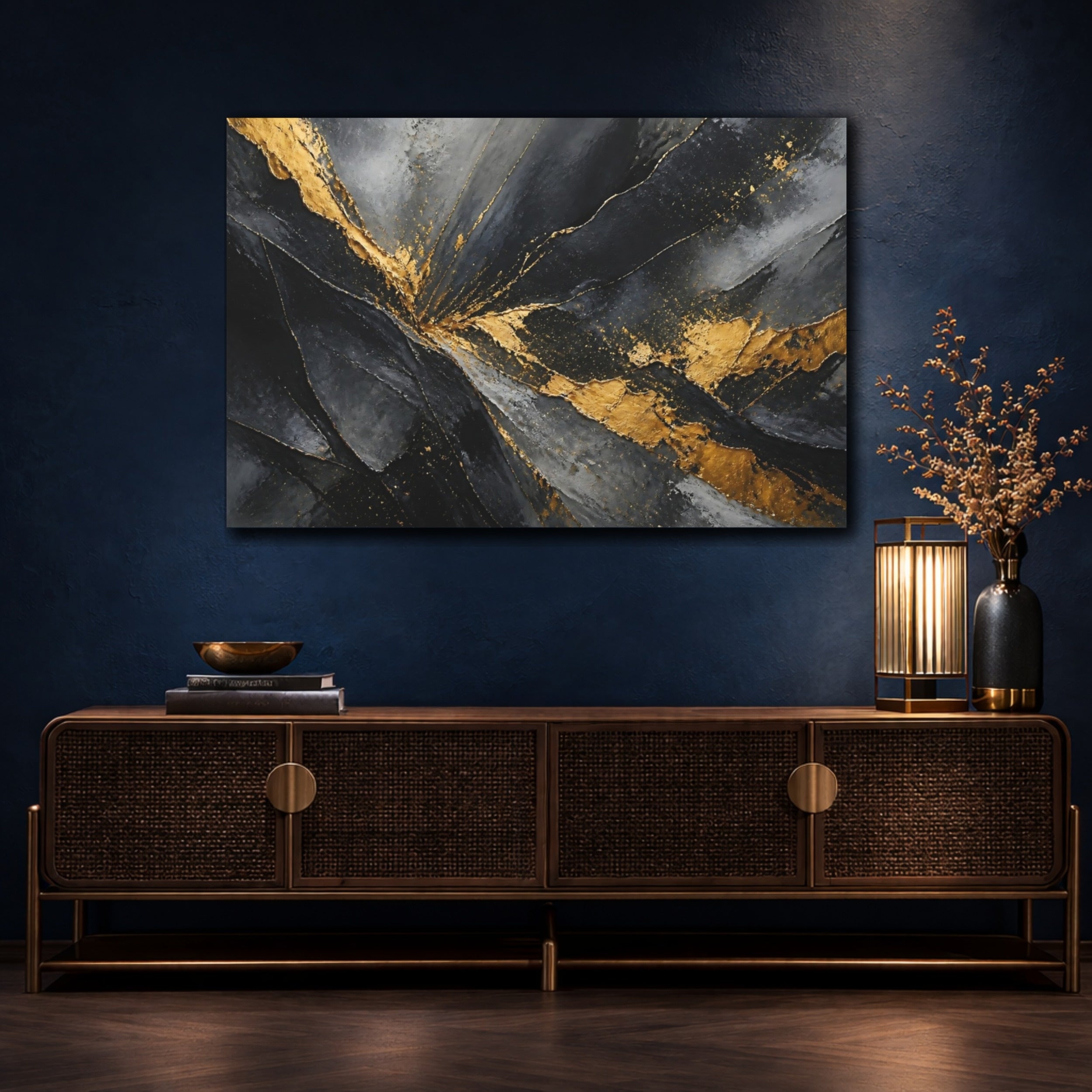 Mockup 4. Abstract Textured Gold Black And Gold Abstract shown as stretched canvas wall art
