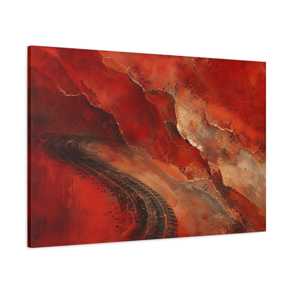 Main Mockup. Abstract Tire Tracks Red And Black Abstract shown as stretched canvas wall art