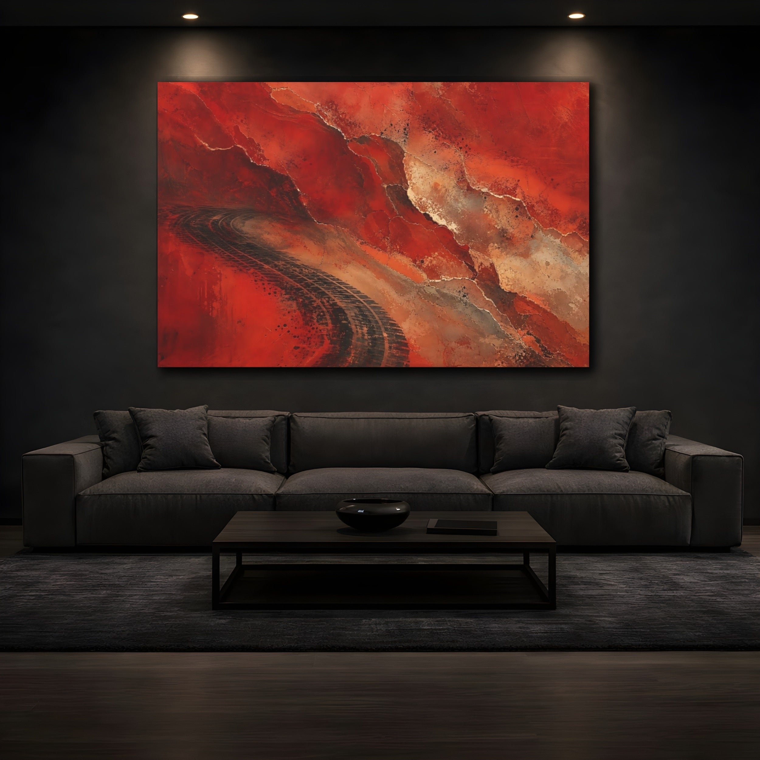Mockup 3. Abstract Tire Tracks Red And Black Abstract shown as stretched canvas wall art