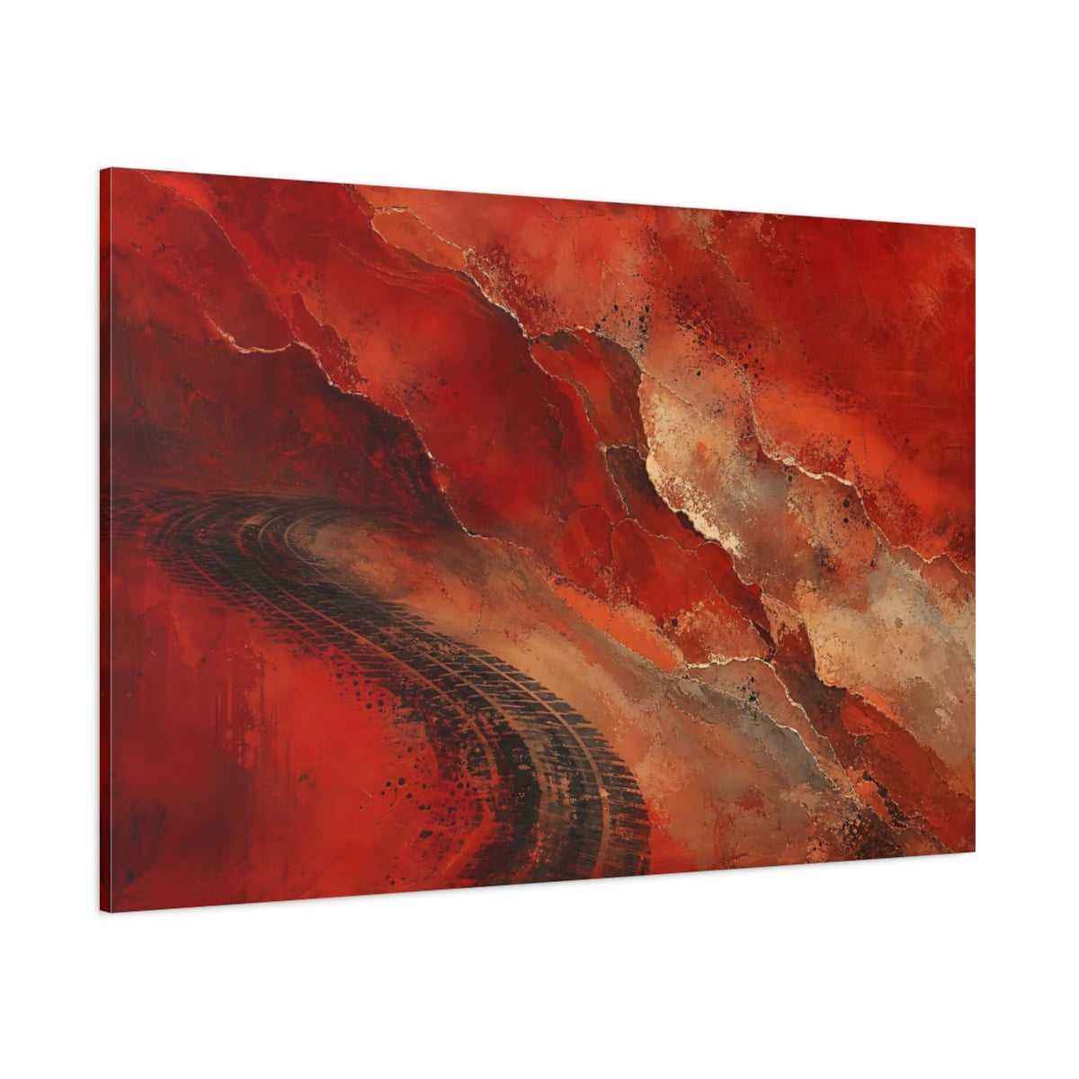 Side Mockup 1. Abstract Tire Tracks Red And Black Abstract shown as stretched canvas wall art