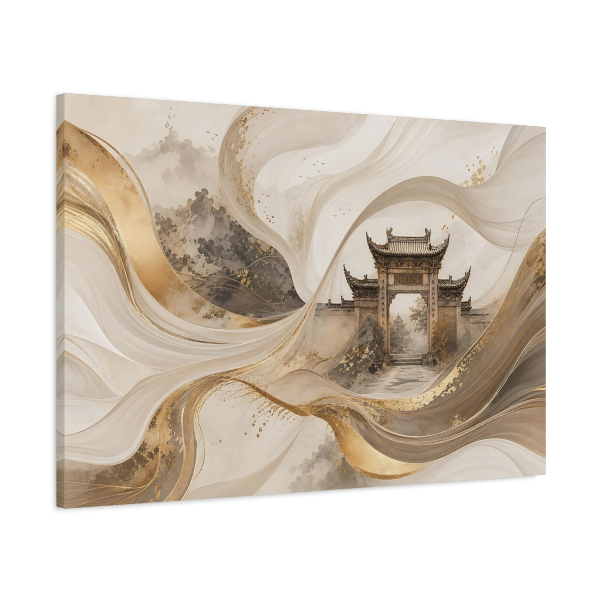 Main Mockup. Abstract Traditional Gate Gold And Gray Abstract shown as stretched canvas wall art