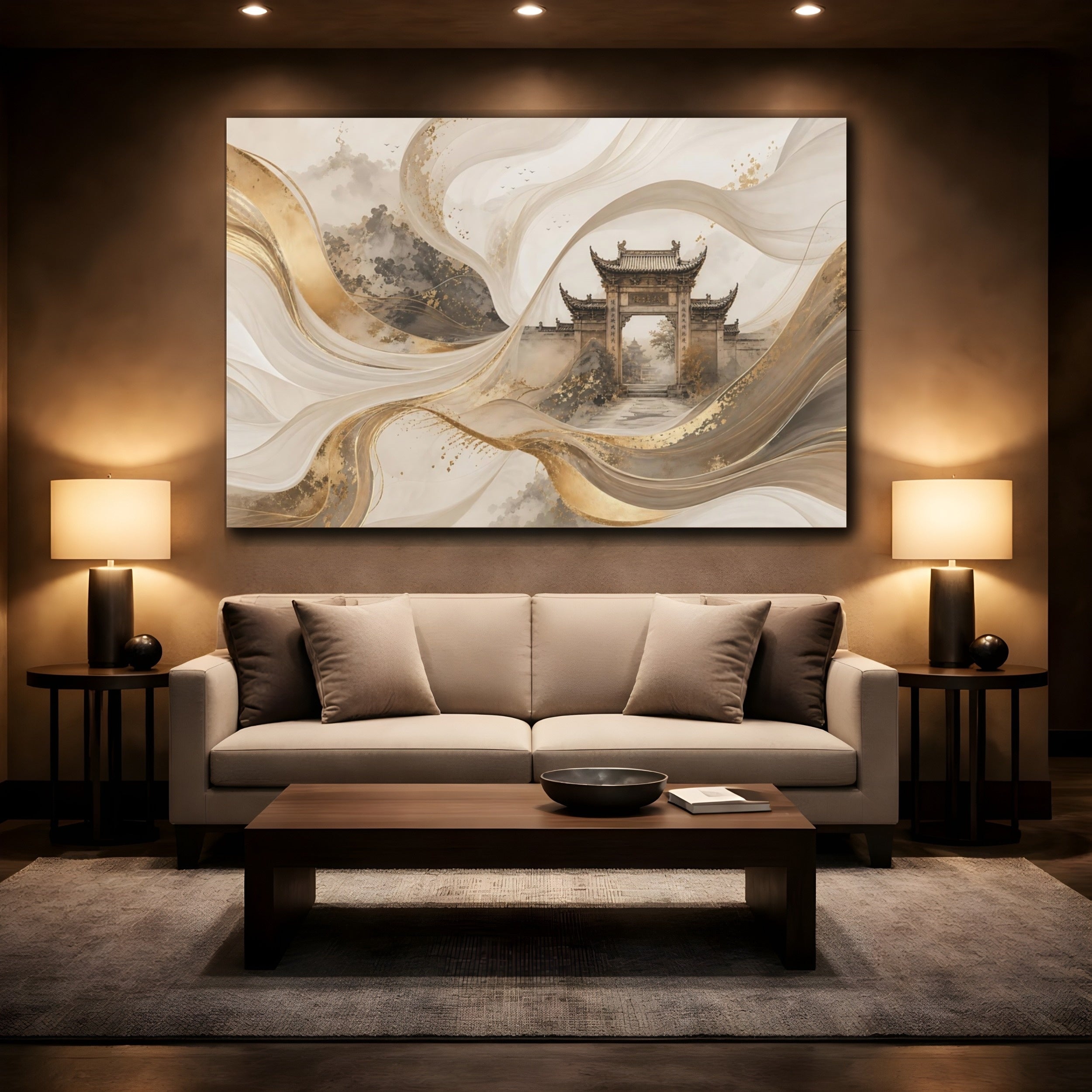 Mockup 2. Abstract Traditional Gate Gold And Gray Abstract shown as stretched canvas wall art