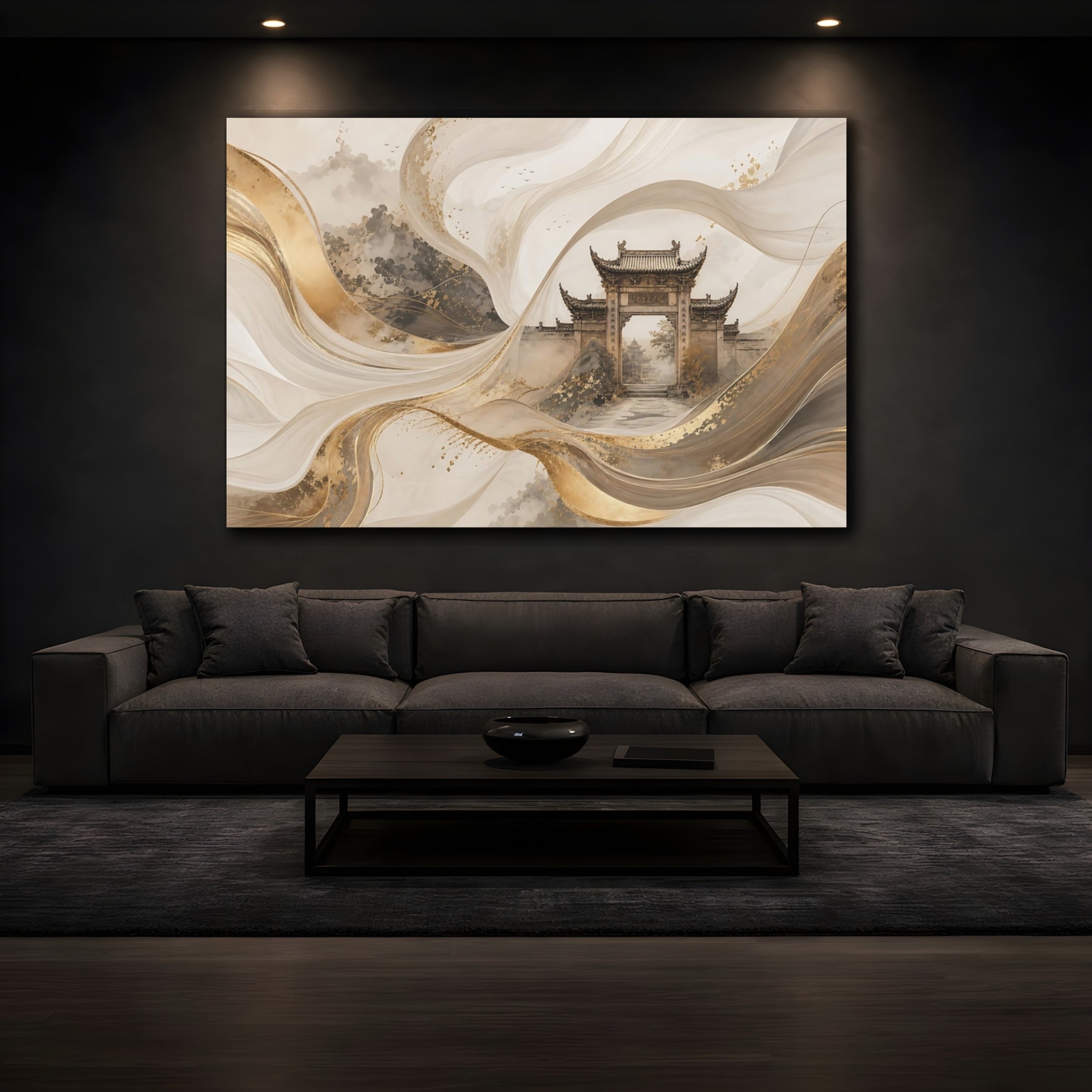 Mockup 3. Abstract Traditional Gate Gold And Gray Abstract shown as stretched canvas wall art