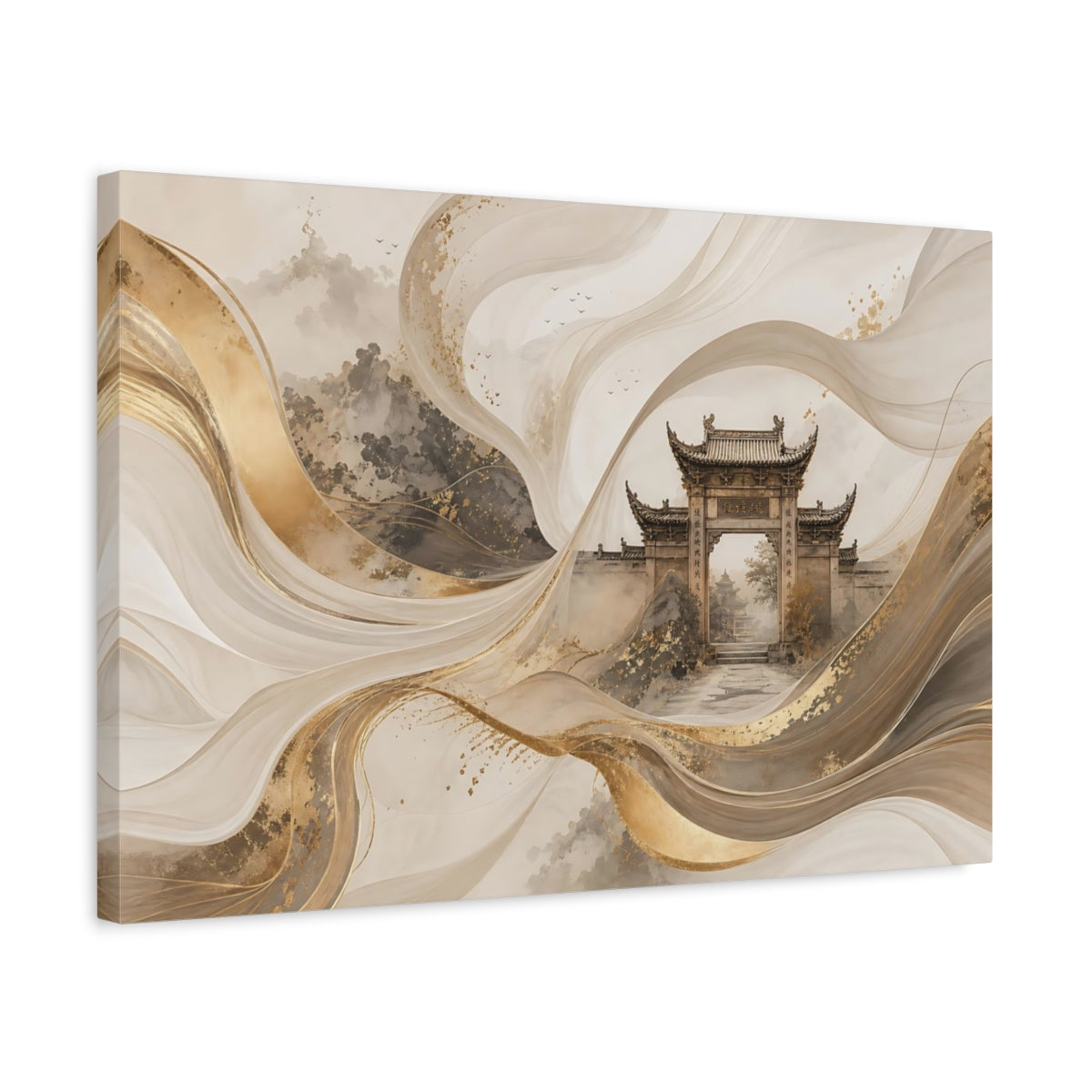 Side Mockup 3. Abstract Traditional Gate Gold And Gray Abstract shown as stretched canvas wall art