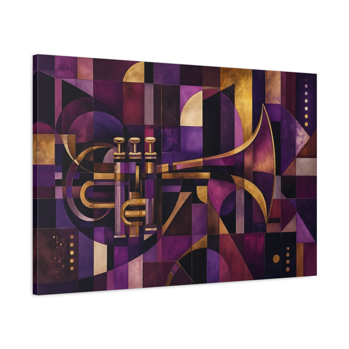 Main Mockup. Abstract Trumpet Purple Gold Abstract shown as stretched canvas wall art