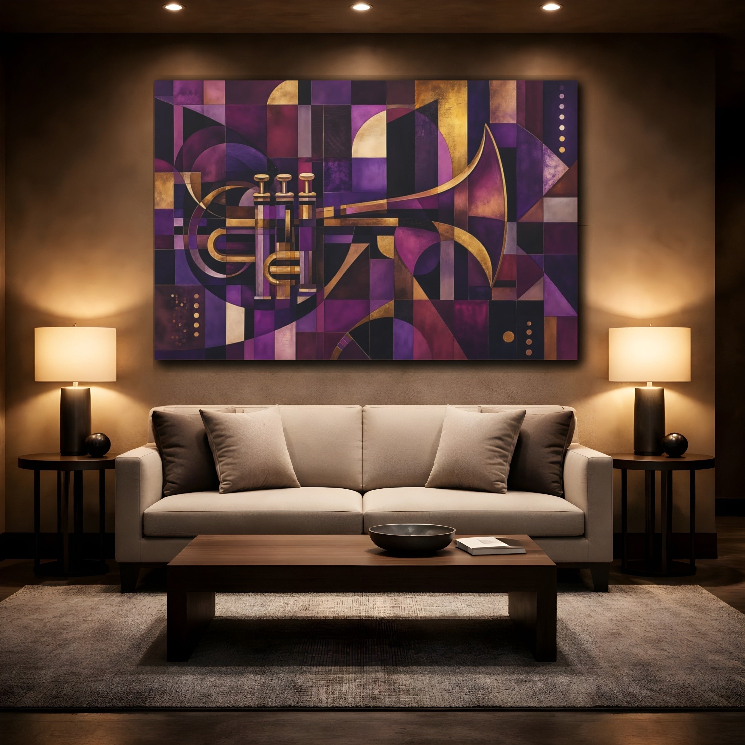 Mockup 2. Abstract Trumpet Purple Gold Abstract shown as stretched canvas wall art