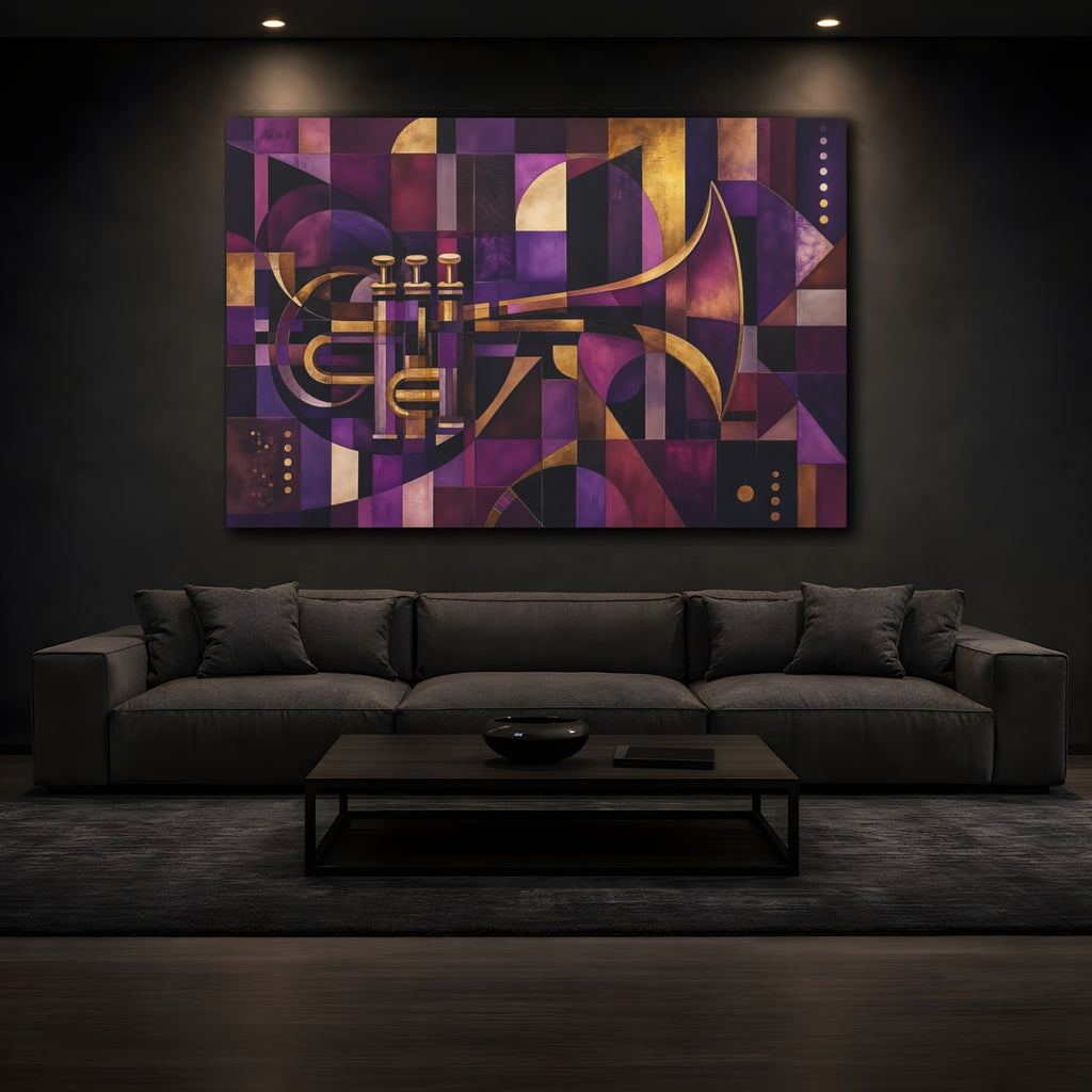 Mockup 3. Abstract Trumpet Purple Gold Abstract shown as stretched canvas wall art