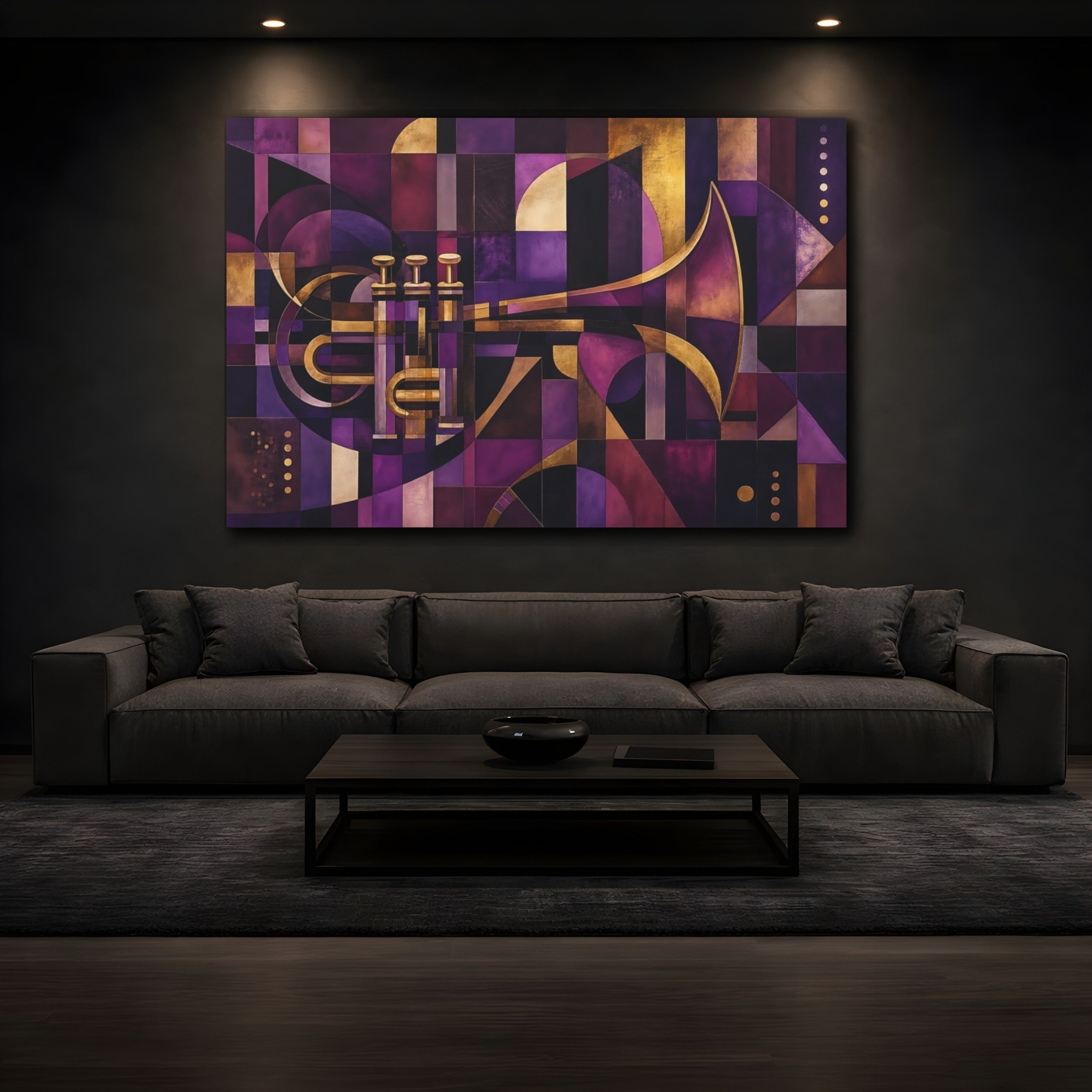 Mockup 3. Abstract Trumpet Purple Gold Abstract shown as stretched canvas wall art