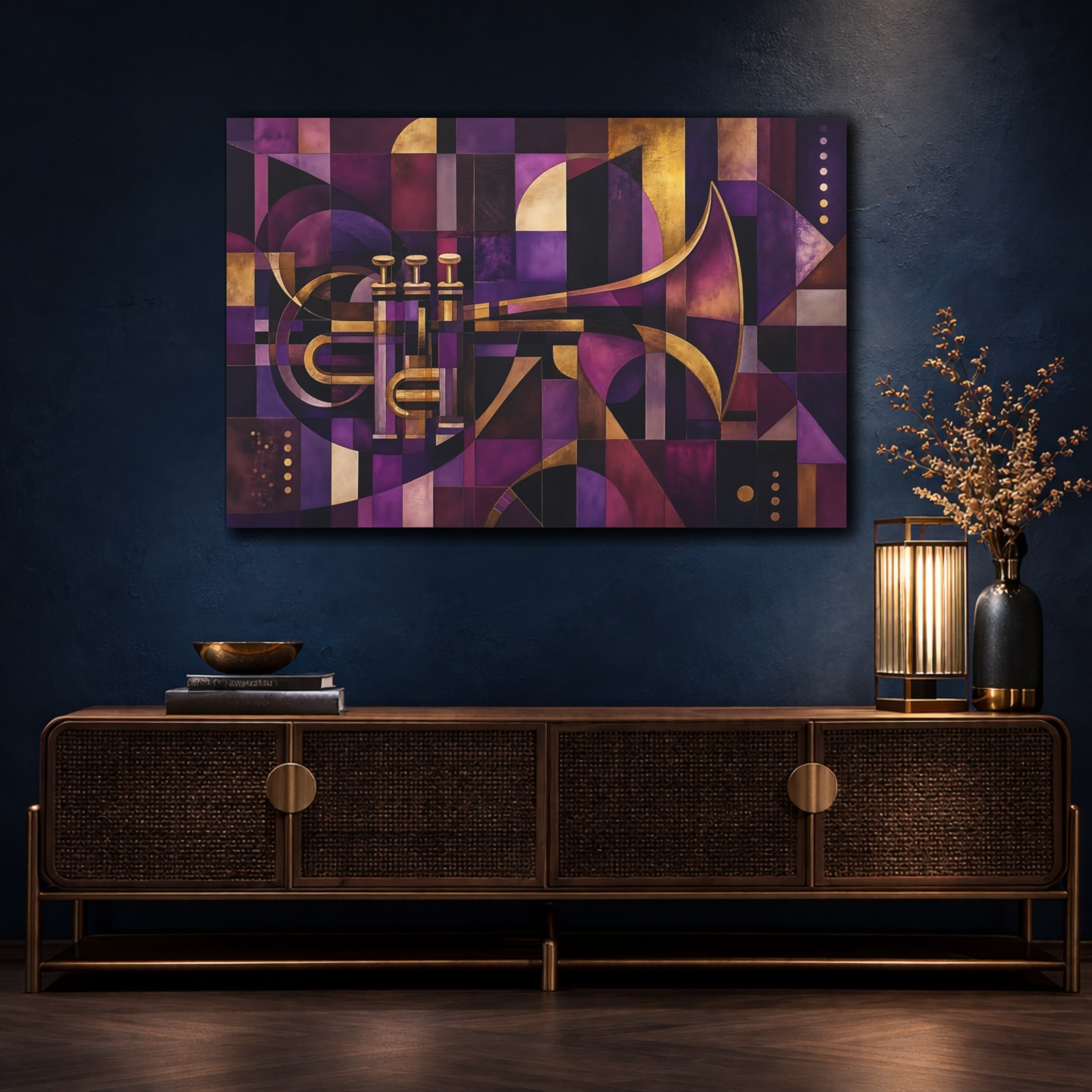 Mockup 4. Abstract Trumpet Purple Gold Abstract shown as stretched canvas wall art
