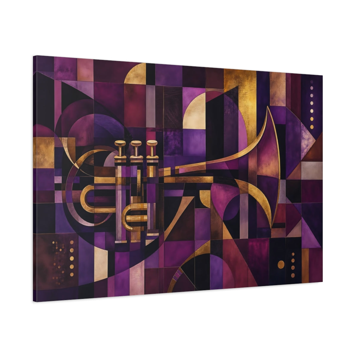 Side Mockup 1. Abstract Trumpet Purple Gold Abstract shown as stretched canvas wall art