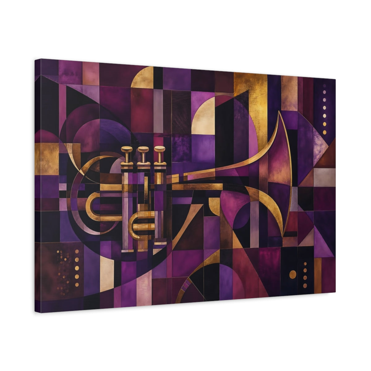 Side Mockup 2. Abstract Trumpet Purple Gold Abstract shown as stretched canvas wall art