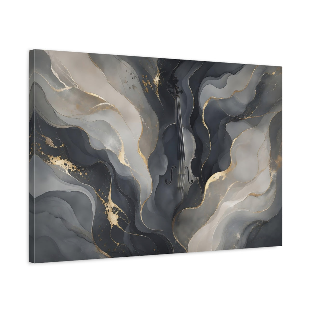 Side Mockup 2. Abstract Violin Grey And Gold shown as stretched canvas wall art
