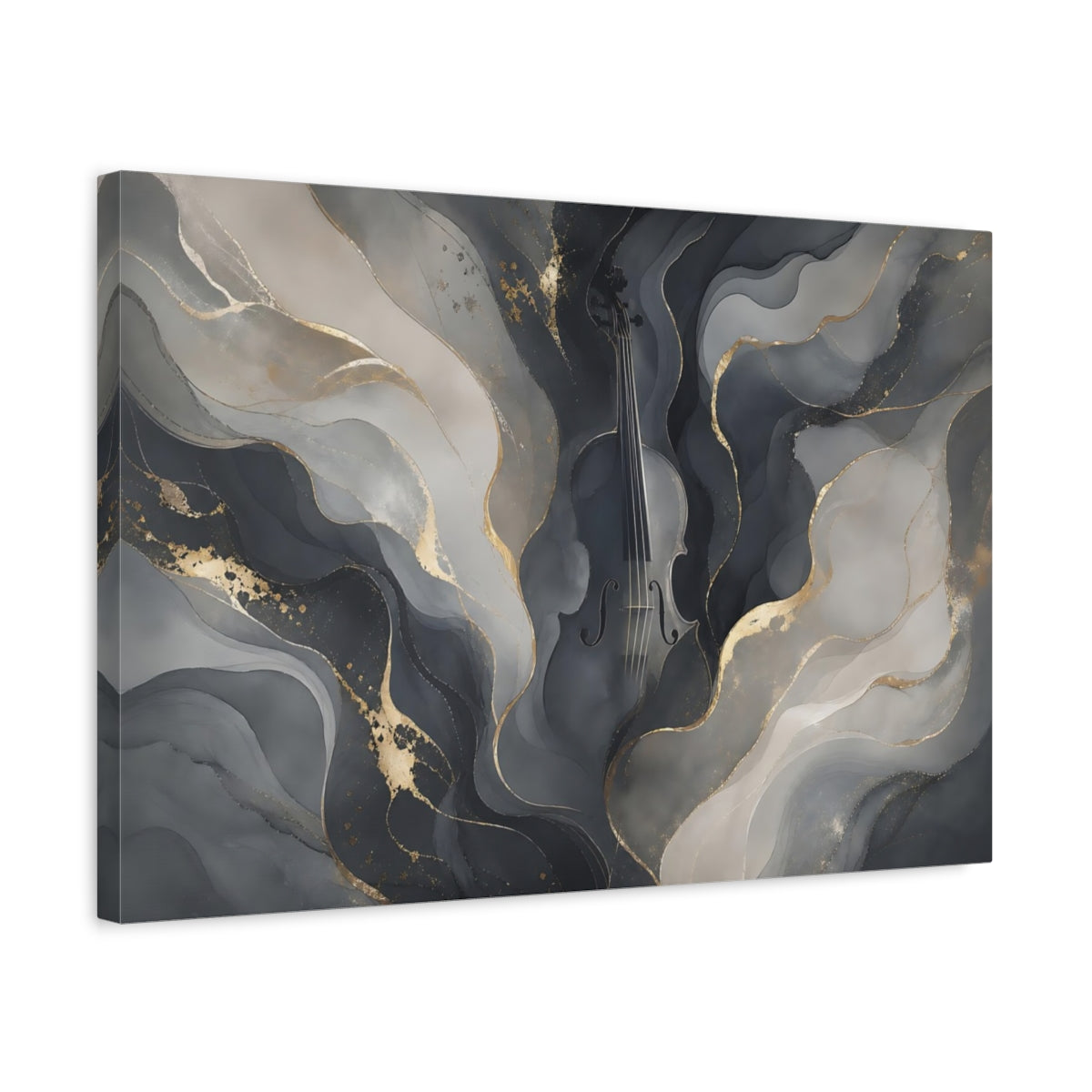 Side Mockup 3. Abstract Violin Grey And Gold shown as stretched canvas wall art