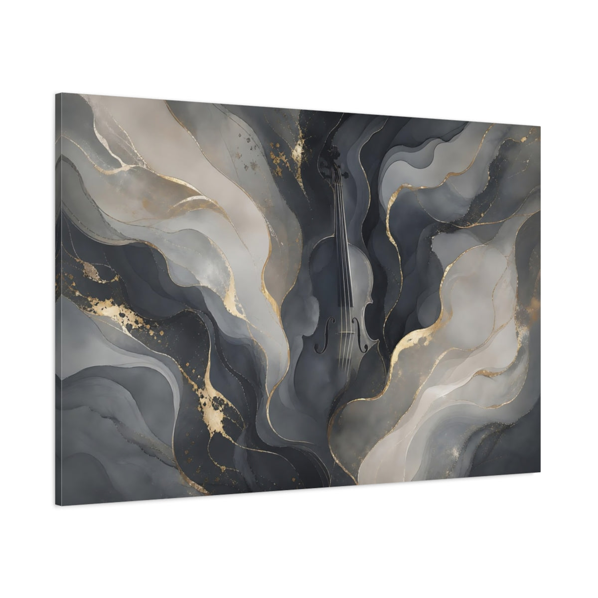 Side Mockup 1. Abstract Violin Grey And Gold shown as stretched canvas wall art