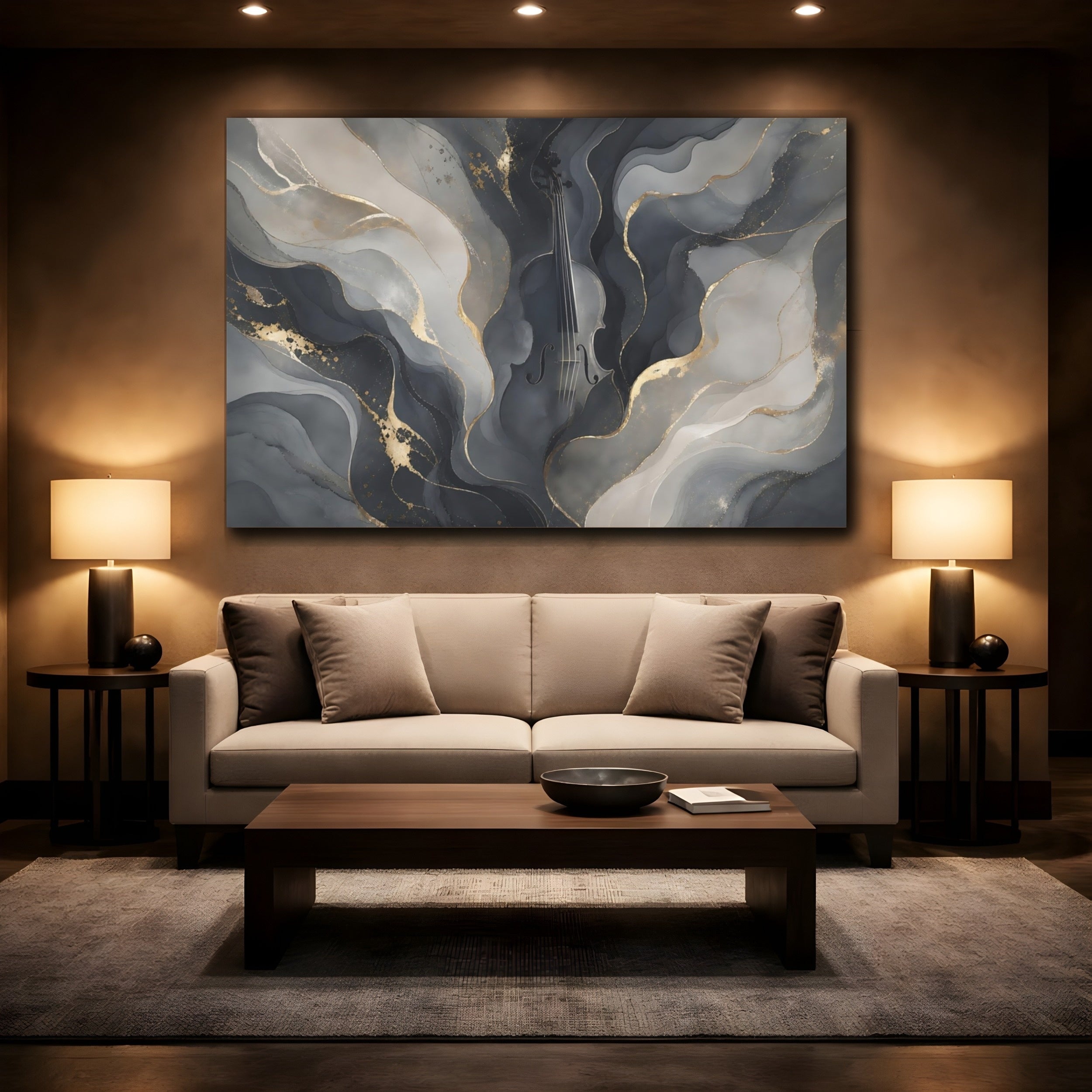 Mockup 2. Abstract Violin Grey And Gold shown as stretched canvas wall art