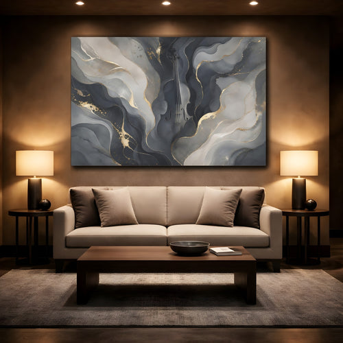 Mockup 2. Abstract Violin Grey And Gold shown as stretched canvas wall art