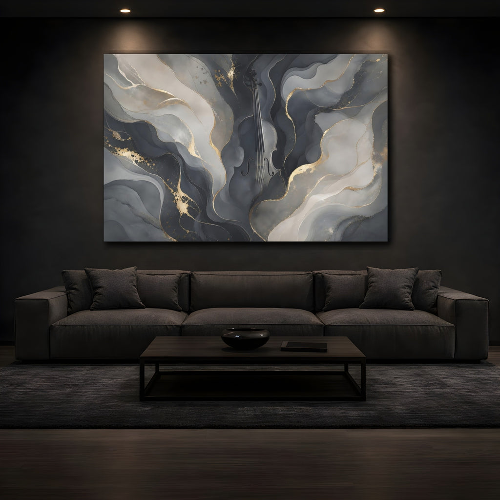 Mockup 3. Abstract Violin Grey And Gold shown as stretched canvas wall art