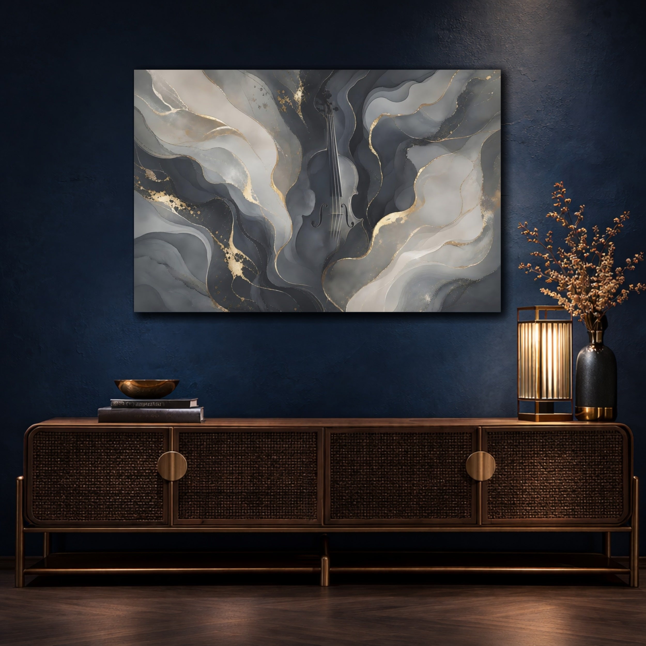 Mockup 4. Abstract Violin Grey And Gold shown as stretched canvas wall art