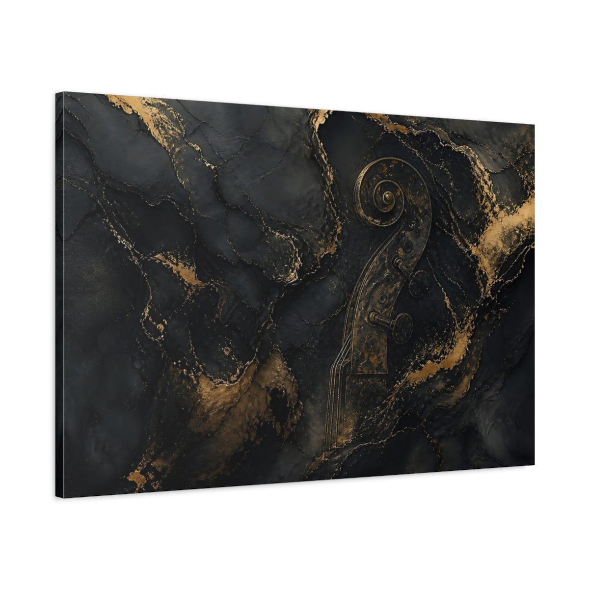 Main Mockup. Abstract Violin Scroll Black And Gold shown as stretched canvas wall art