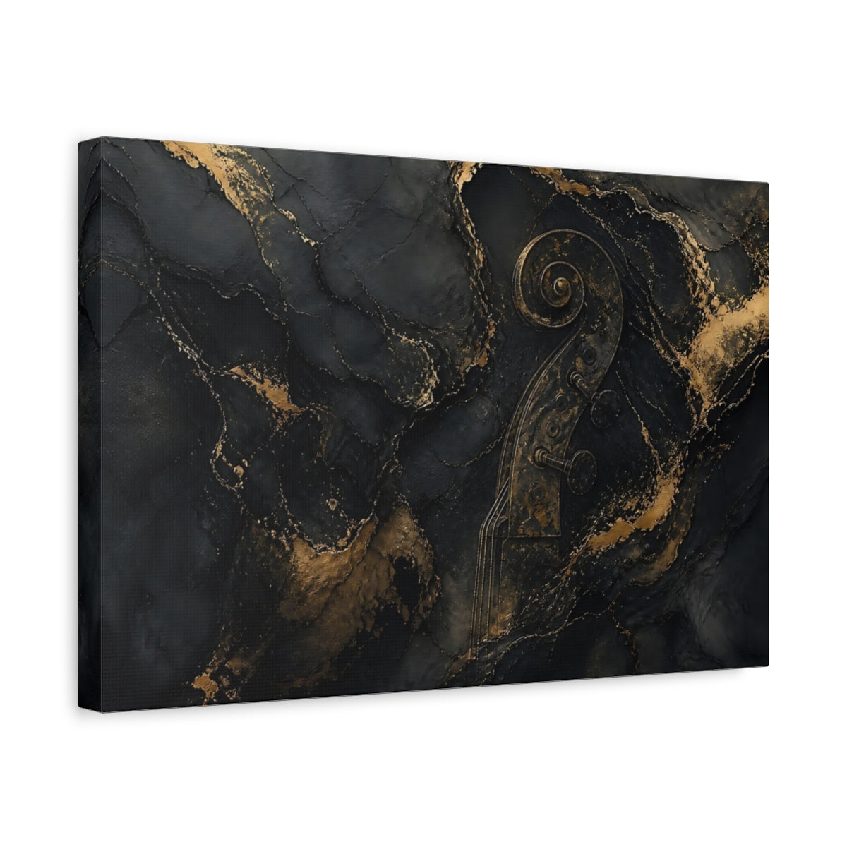 Side Mockup 4. Abstract Violin Scroll Black And Gold shown as stretched canvas wall art