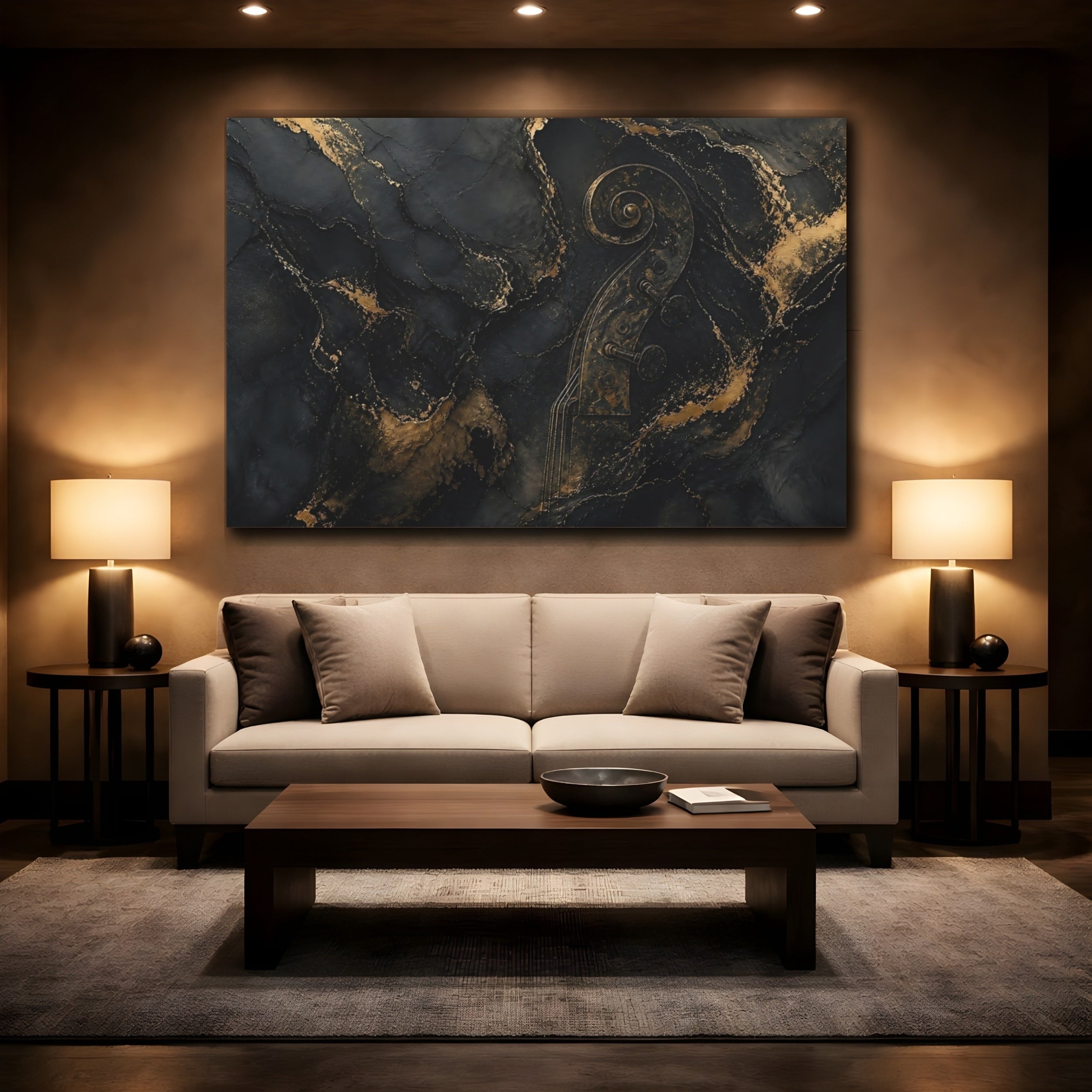 Mockup 2. Abstract Violin Scroll Black And Gold shown as stretched canvas wall art