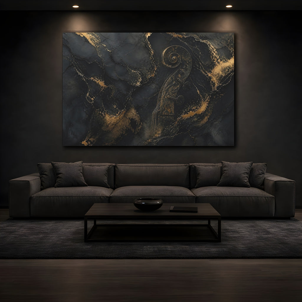 Mockup 3. Abstract Violin Scroll Black And Gold shown as stretched canvas wall art