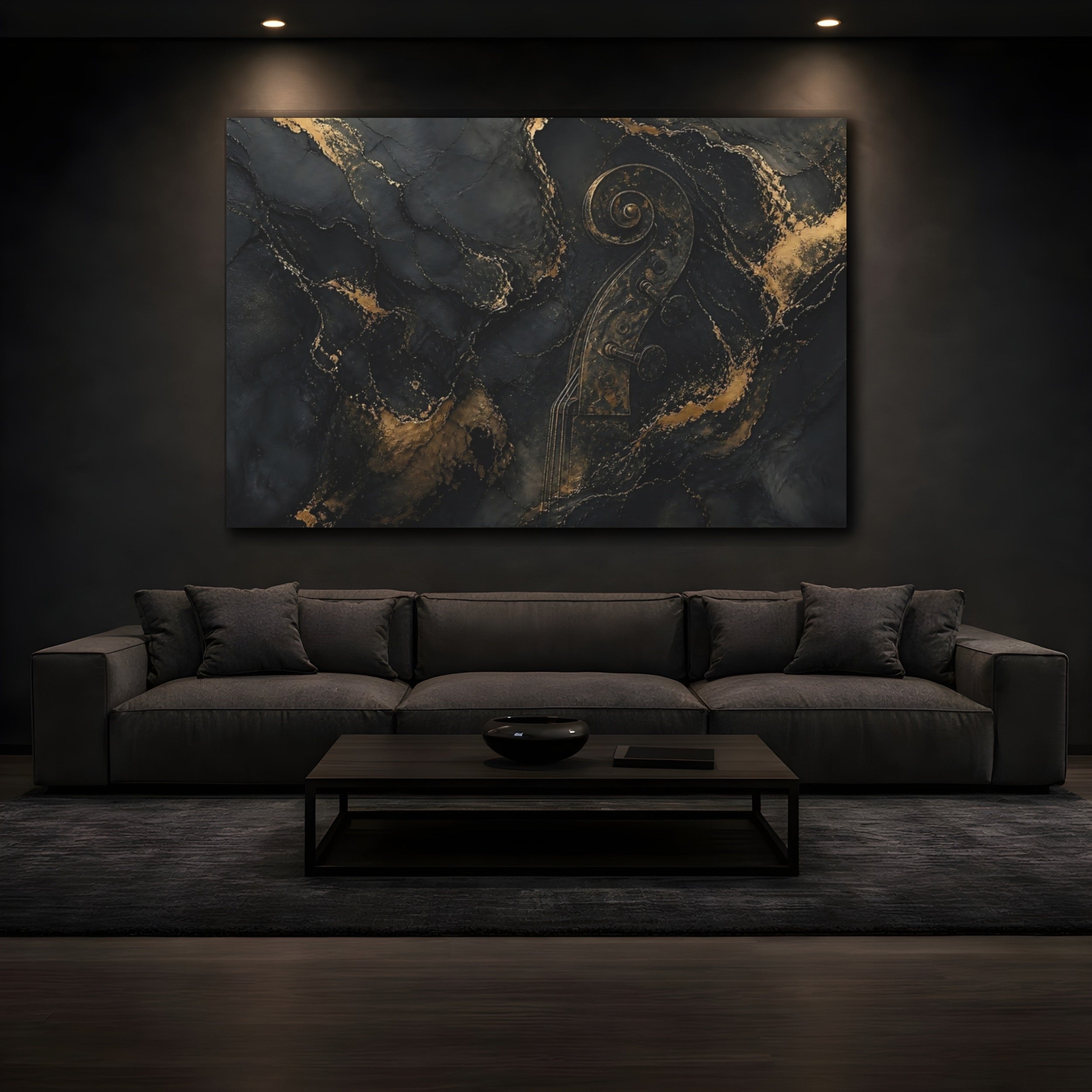 Mockup 3. Abstract Violin Scroll Black And Gold shown as stretched canvas wall art