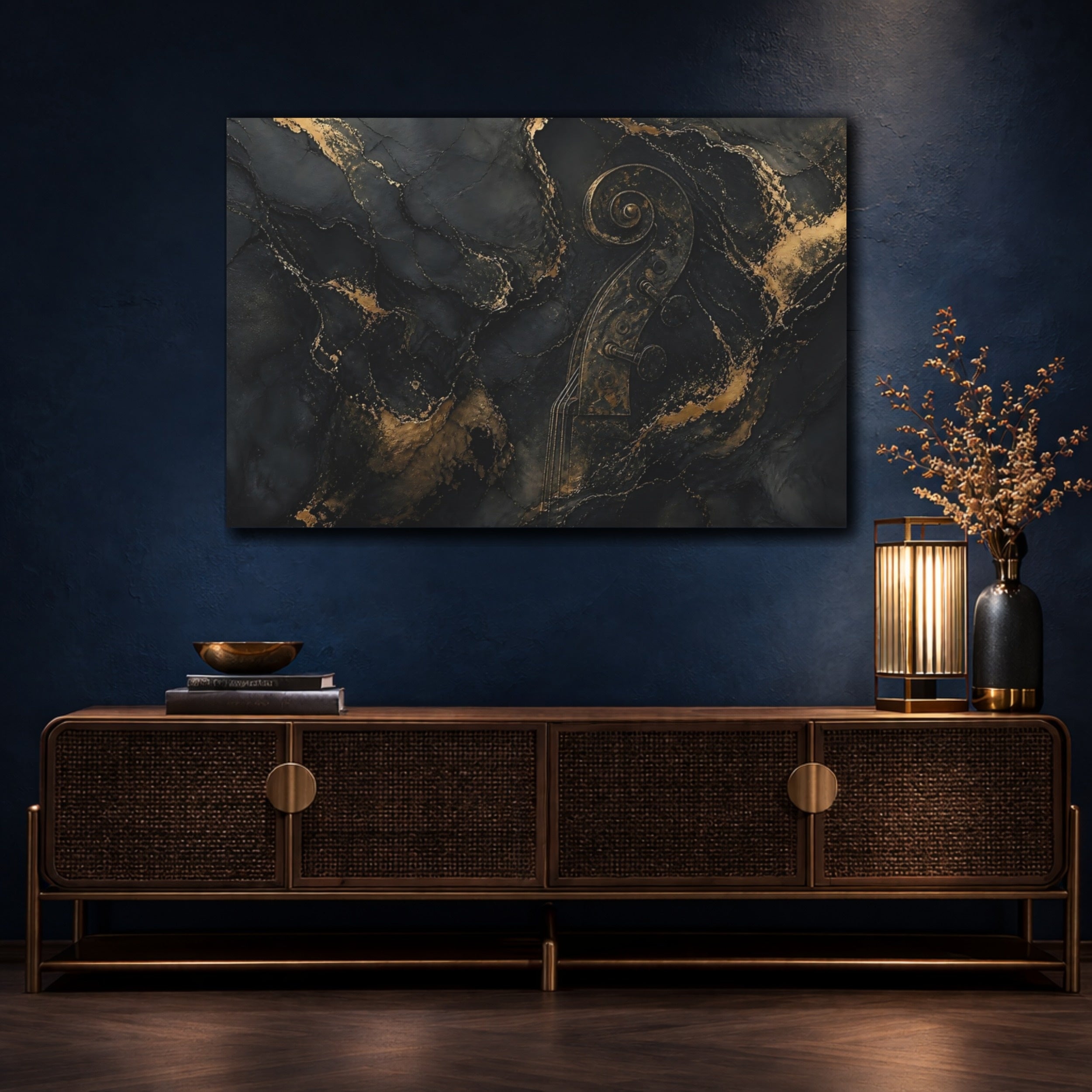 Mockup 4. Abstract Violin Scroll Black And Gold shown as stretched canvas wall art